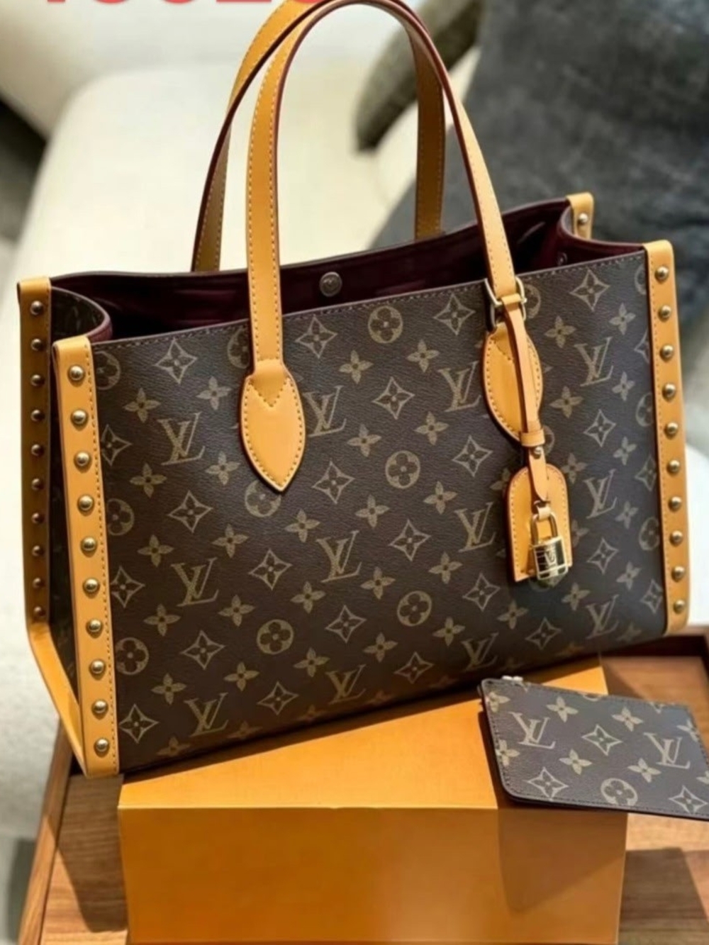 Classic Monogram Stud-Trim Tote in Brown and Tan